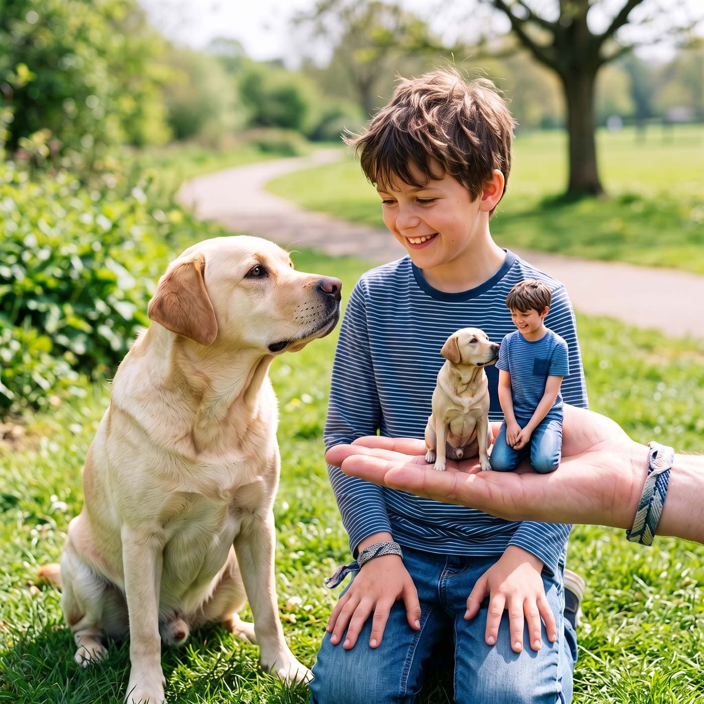 A boy and his dog with matching 3D printed figurines of themselves