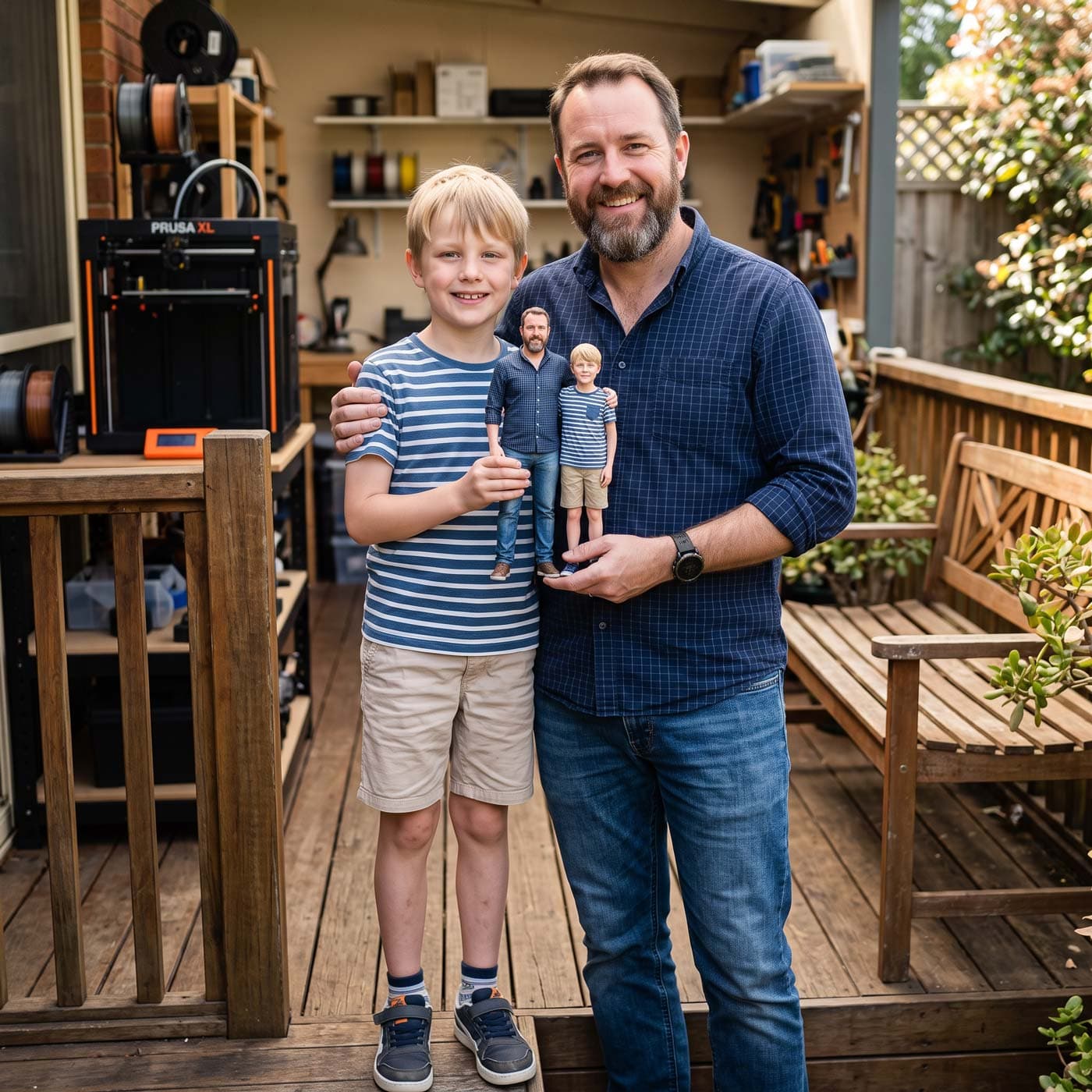 A father and son holding 3D printed figurines of themselves