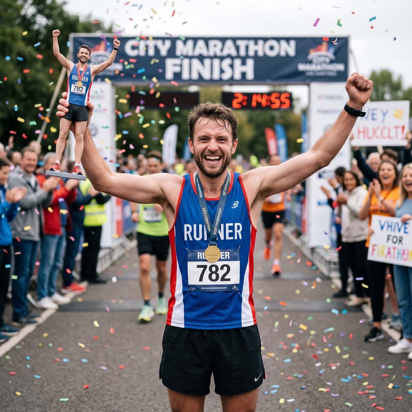 A marathon runner celebrating at the finish line, holding his 3D printed figurine