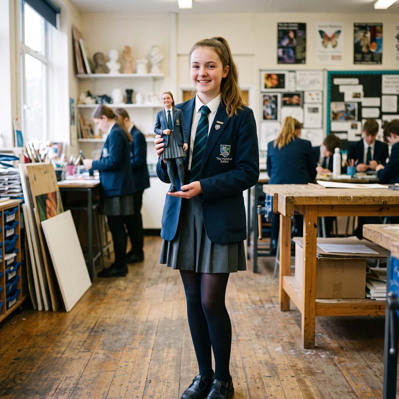 A schoolgirl in uniform holding a 3D printed figurine of herself