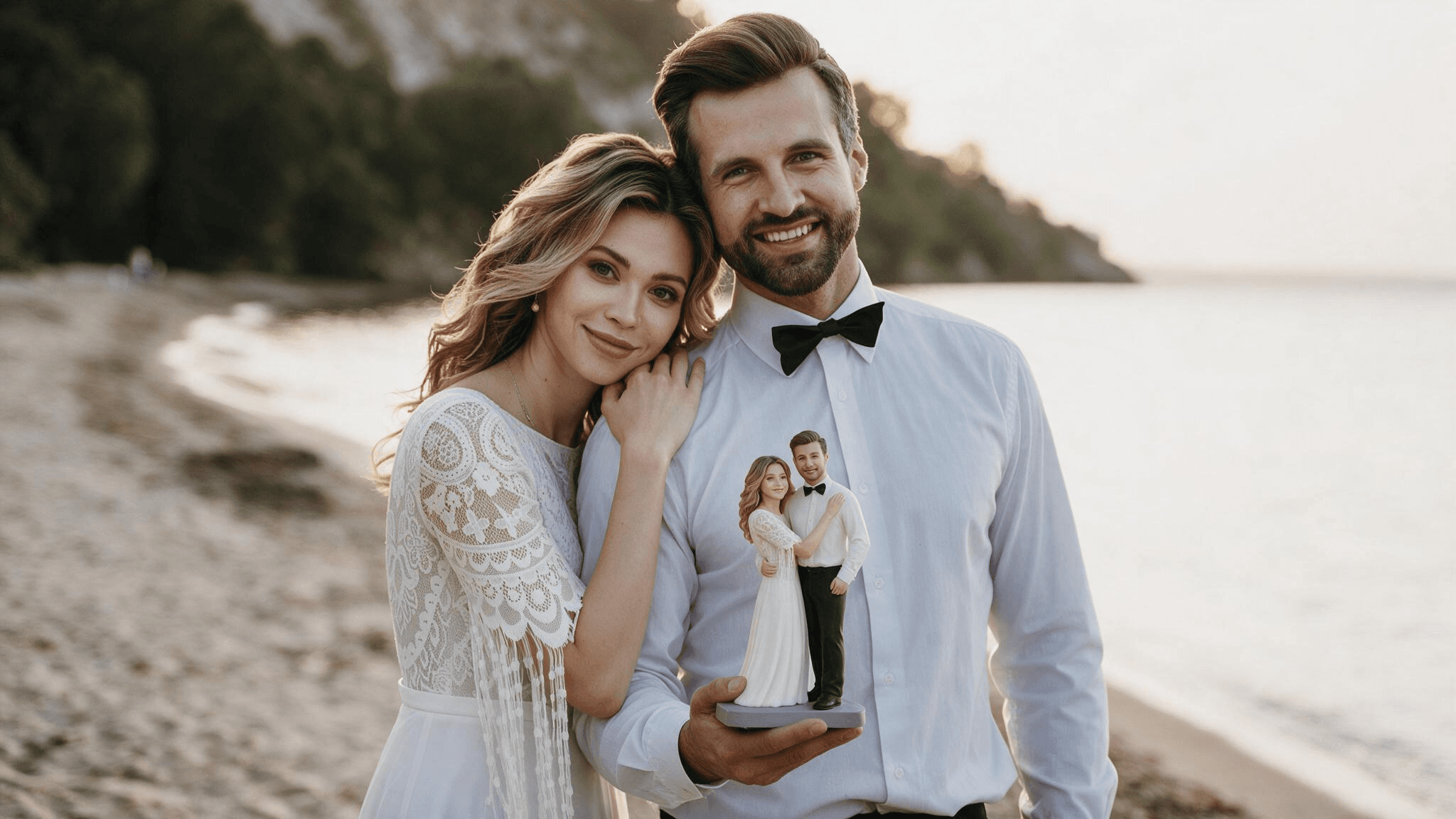 A newlywed couple embracing on a beach at sunset, holding their LifePrint3D figurine