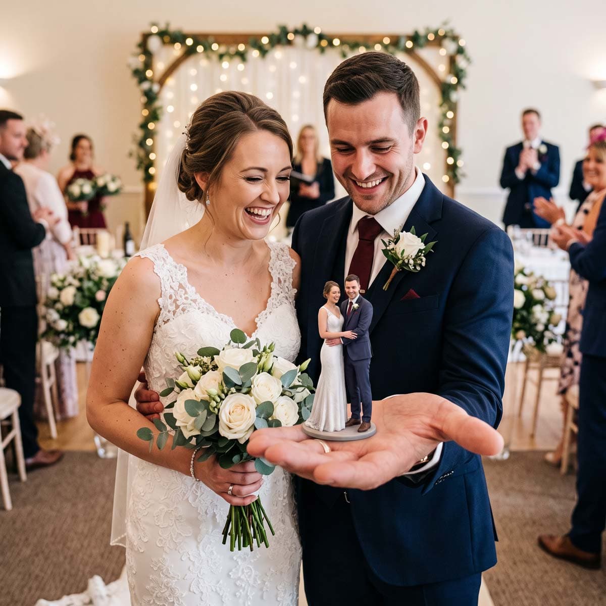 A bride and groom at their wedding, holding their LifePrint3D figurine